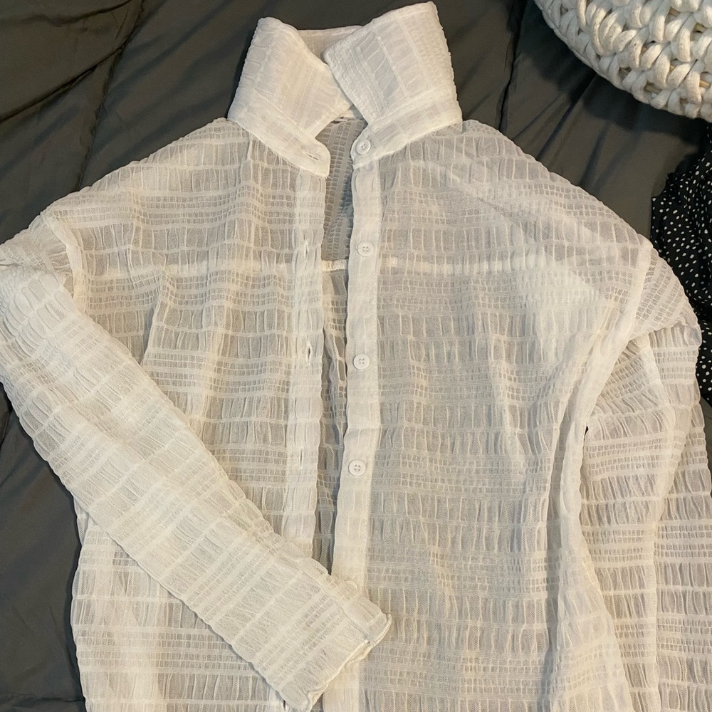 White lace sheer button down
